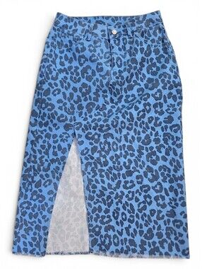 Blue Leopard Print High-Waist Skirt with Front Slit Size M